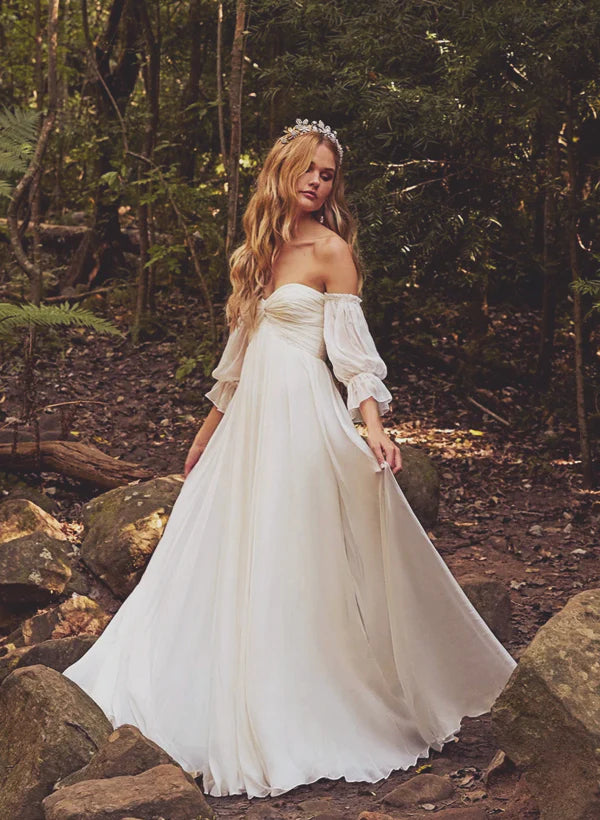 Luolandi Boho Wedding Dresses Off-The-Shoulder Long Sleeves With Chiffon Sweep Train Elegant Formal Dress