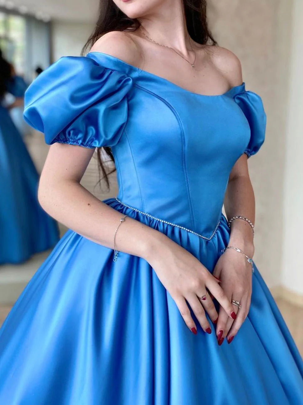 Luolandi Blue Satin Long Prom Dress A Line Graduation Dresses Off Shoulder Elegant Evening Dress