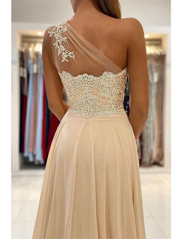 Luolandi A-Line Prom Dresses Sexy Dress Formal Wedding Guest Court Train Sleeveless One Shoulder Chiffon with Slit Appliques Evening Dress