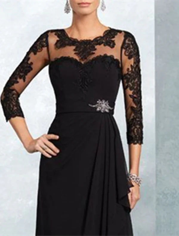 Luolandi A-Line Mother of the Bride Dress Wedding Guest Party Elegant Jewel Neck Floor Length Chiffon Lace 3/4 Length Sleeve with Sash / Ribbon Appliques Black