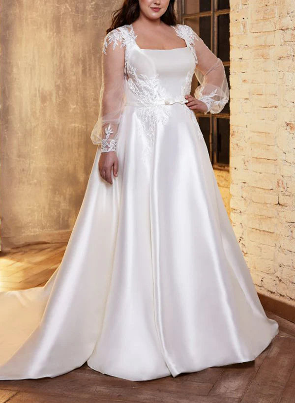 Luolandi Square Neckline A-Line Wedding Dress With Long Sleeves In Lace/Satin Floor Length