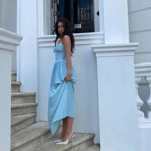 Luolandi Dress Strapless Blue A Line Pleated Long Prom Dress Wedding Guest Dress Charming Evening Party Dress