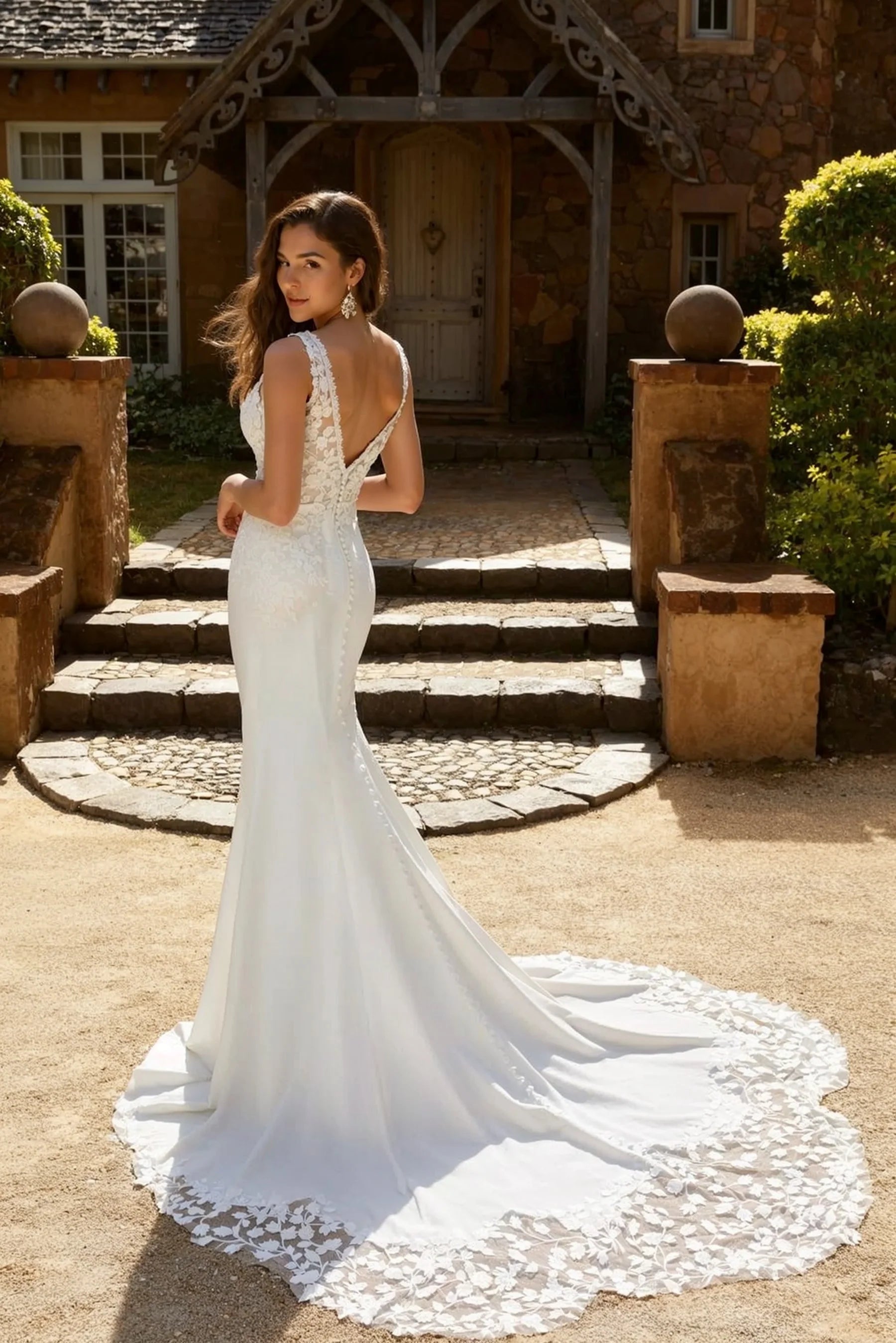 Luolandi Mermaid Wedding Dress V Neck Bridal Dress With Appliques Sleeveless Floor Length Elegant