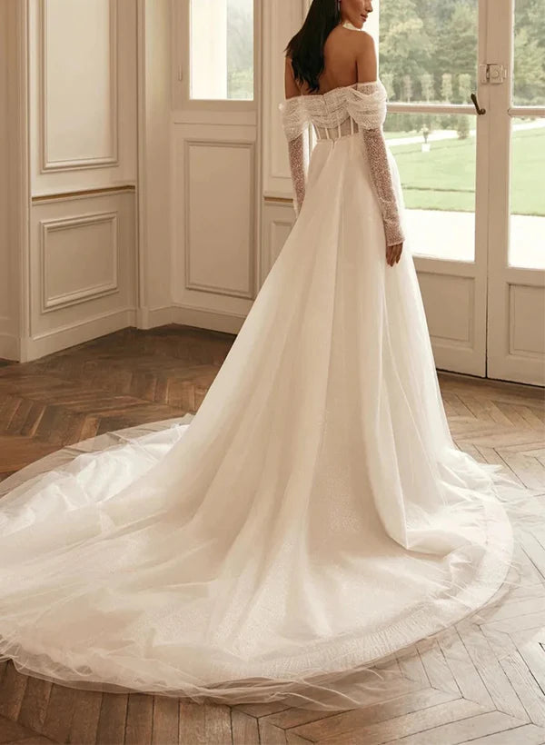 Luolandi Sequined Wedding Dresses With A-Line Off-The-Shoulder Long Sleeves Floor Length