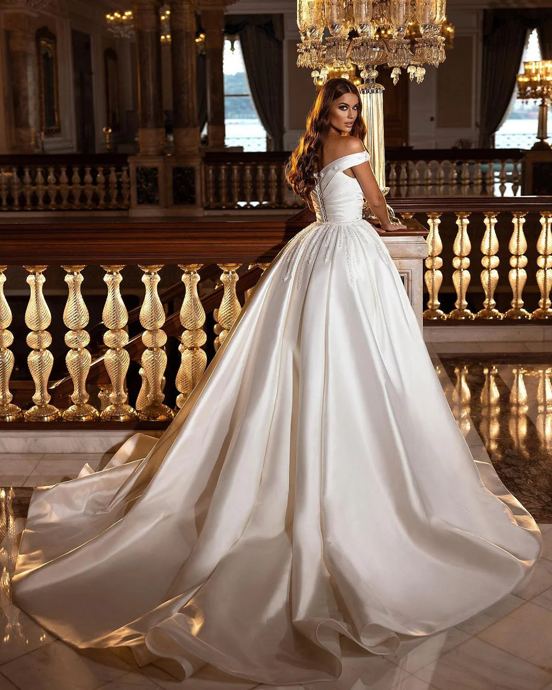 Luolandi Elegant A Line Off The Shoulder Sweetheart Backless Satin Wedding Dress Floor Length Bridal Gown