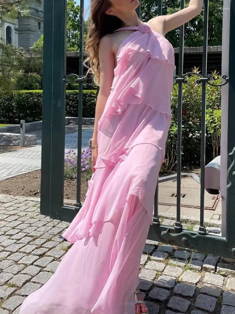 Luolandi Elegant Flower Halter Neck Sleeveless Long Prom Dress Charming Evening Party Dress Vacation Beach Dress