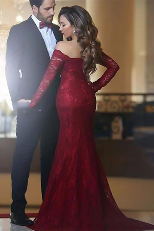 Luolandi Burgundy Long Sleeve Mermaid Evening Dress Off Shoulder Floor Length Elegant Prom Dress