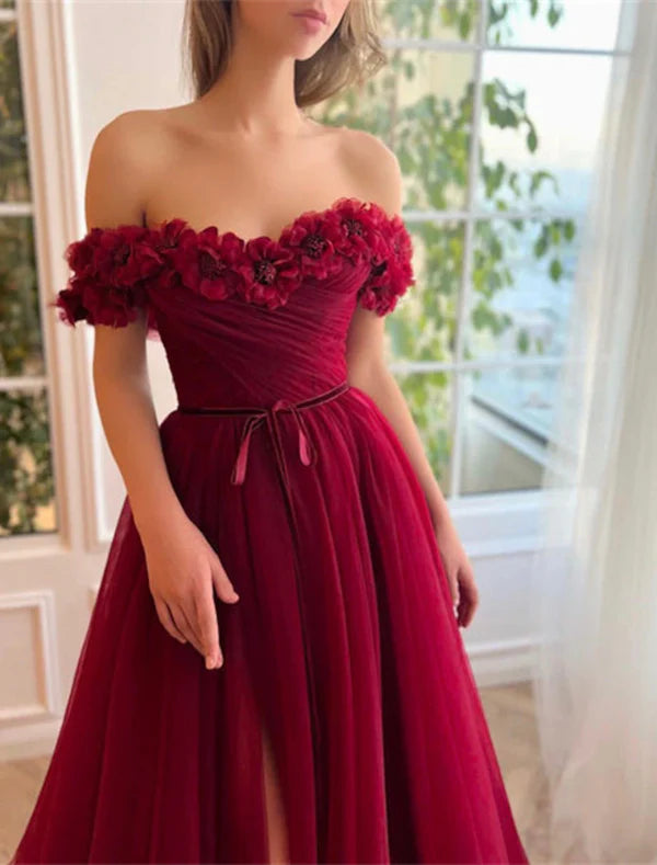 Luolandi A-Line Prom Dresses Floral Dress Wedding Guest Wedding Party Sweep / Brush Train Short Sleeve Off Shoulder Tulle with Slit