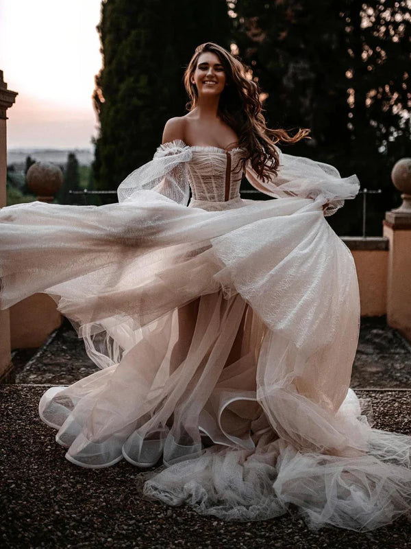 Luolandi Sweet Lace Long Sleeves Chapel Train A-line Wedding Dresses Off Shoulder Floor Length Elegant