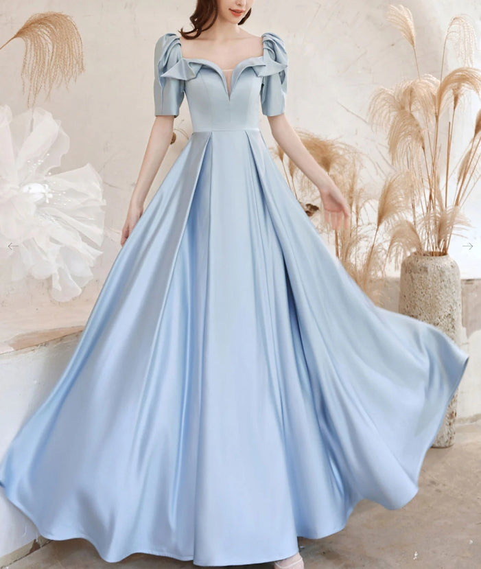 Luolandi A-Line Square Neckline Satin Blue Long Prom Dress Formal Evening Dress december wedding guest dress