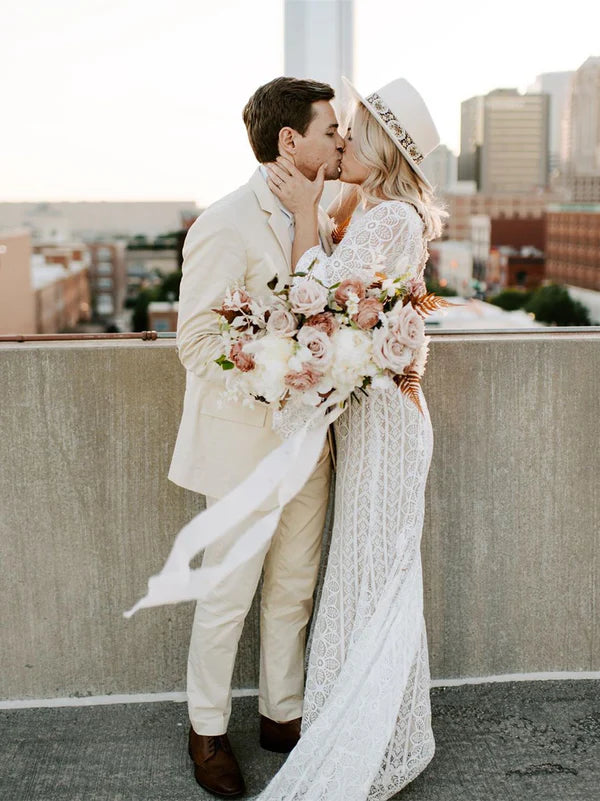 Luolandi Mermaid Wedding Dresses Long Sleeves Lace Long Bridal Gowns Elegant