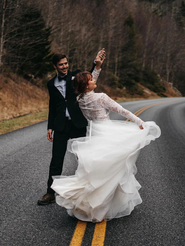 Luolandi Bohemia Beaded Lace Wedding Dresses Long Sleeves Bridal Gowns Elegant