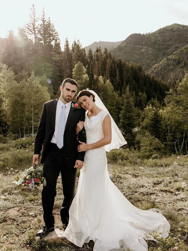 Luolandi Simple Short Sleeves Tulle A-Line Wedding Dresses Floor Length Elegant Bridal Gown