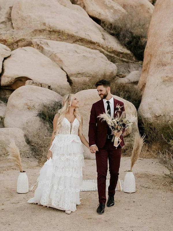 Luolandi Tiered Lace Spaghetti Straps Backless A-line Wedding Dresses Charming Bridal Gown