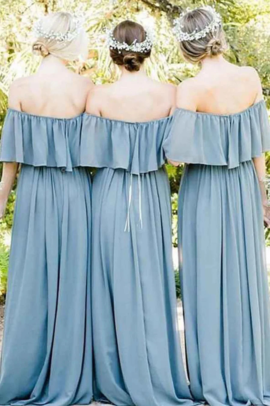 Luolandi Dusty Blue A-Line Off the Shoulder Long Chiffon Boho Bridesmaid Dress Elegant Party Dress