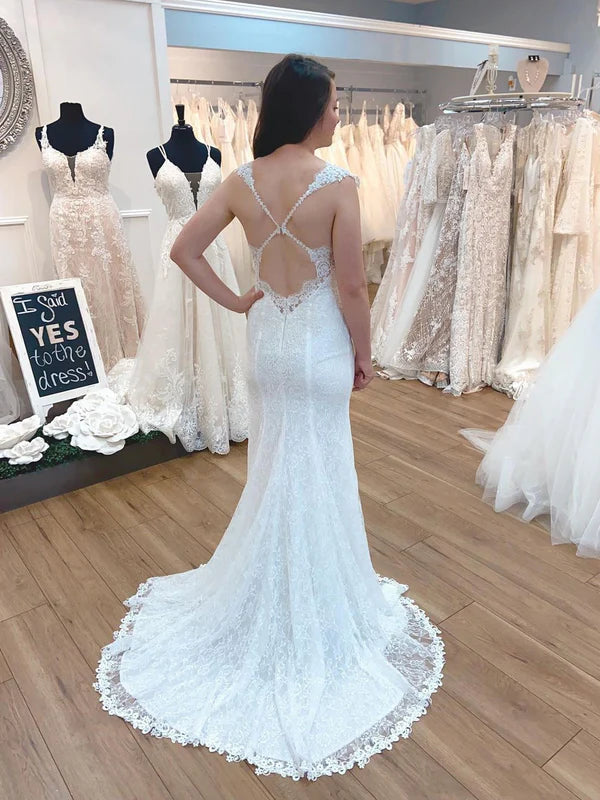 Luolandi Simple Lace V-neck Mermaid Sweep Train Wedding Dresses Floor Length Beautiful