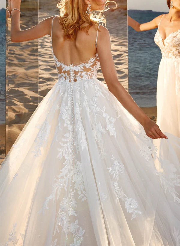 Luolandi Ball-Gown V-Neck Sleeveless Tulle Court Train Wedding Dress With Lace Appliques Floor Length