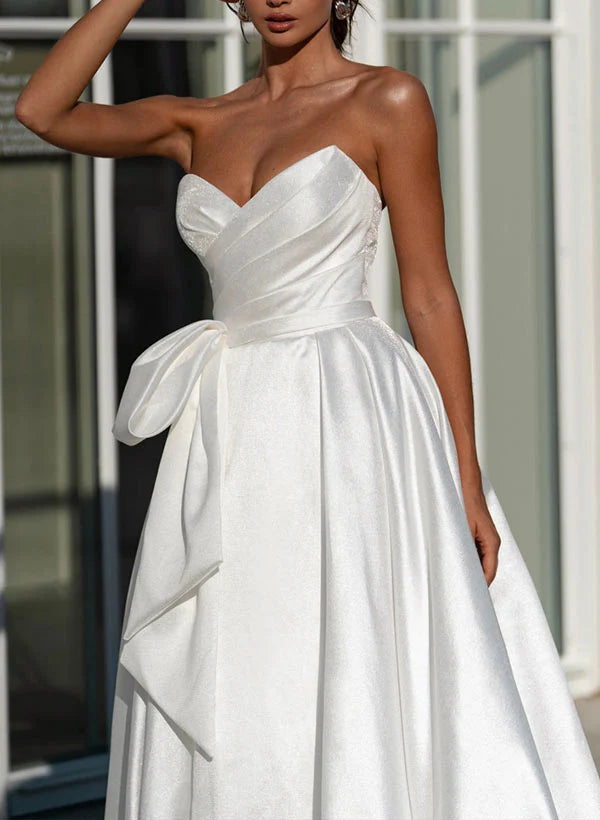 Luolandi A-Line Strapless Satin Wedding Dress With Split Front Bow Off Shoulder Solid Color Simple Formal Dress