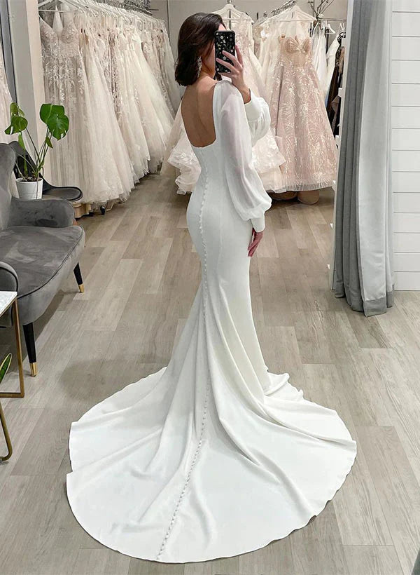 Luolandi Square Neckline Long Sleeves Court Train Satin Mermaid Wedding Dress Simple Elegant