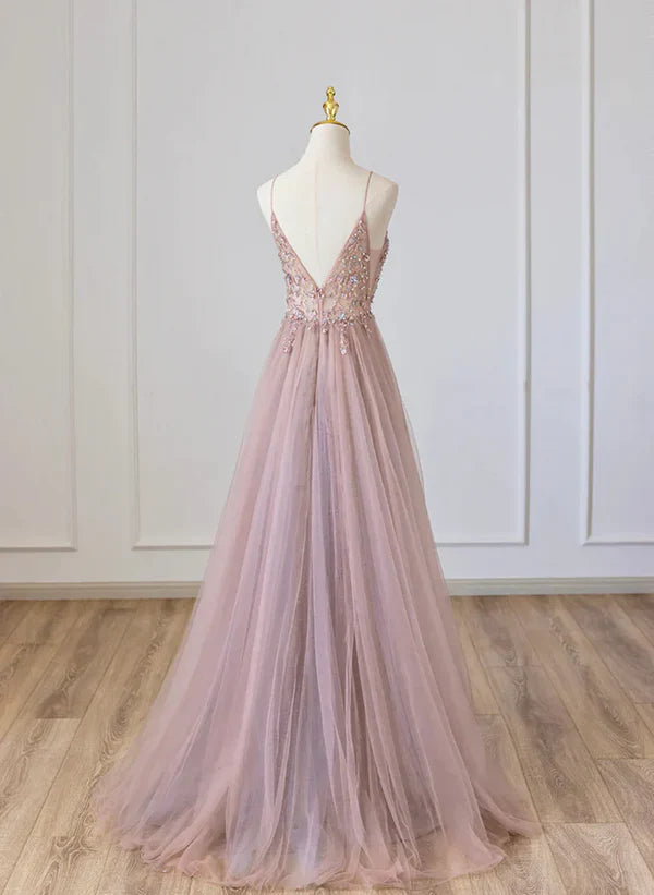 Luolandi Pink V-neckline Beaded Spaghetti Strap Floor Length Party Dress Long Formal Dress Prom Dress