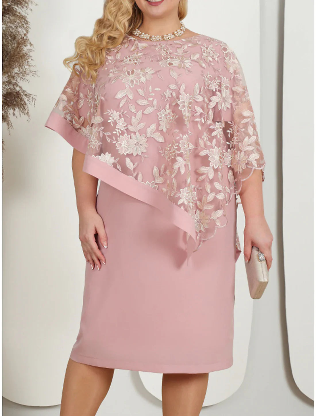 Luolandi Women's Plus Size Curve Party Dress Lace Dress Cocktail Dress Midi Dress Pink Blue Half Sleeve Floral Lace Summer Spring Fall Crew Neck Wedding Guest Mother of the Bride Dress