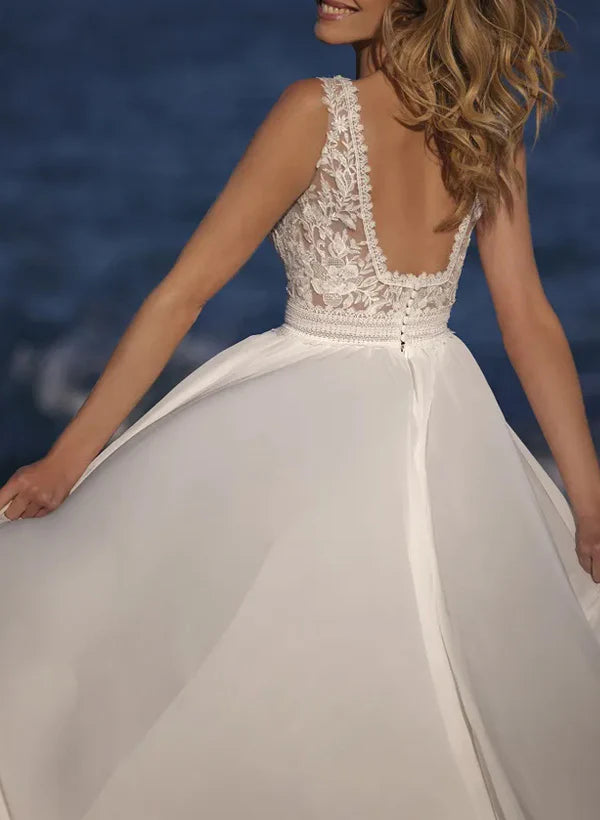 Luolandi A-Line Square Neckline Sleeveless Sweep Train Chiffon/Lace Wedding Dresses Elegant