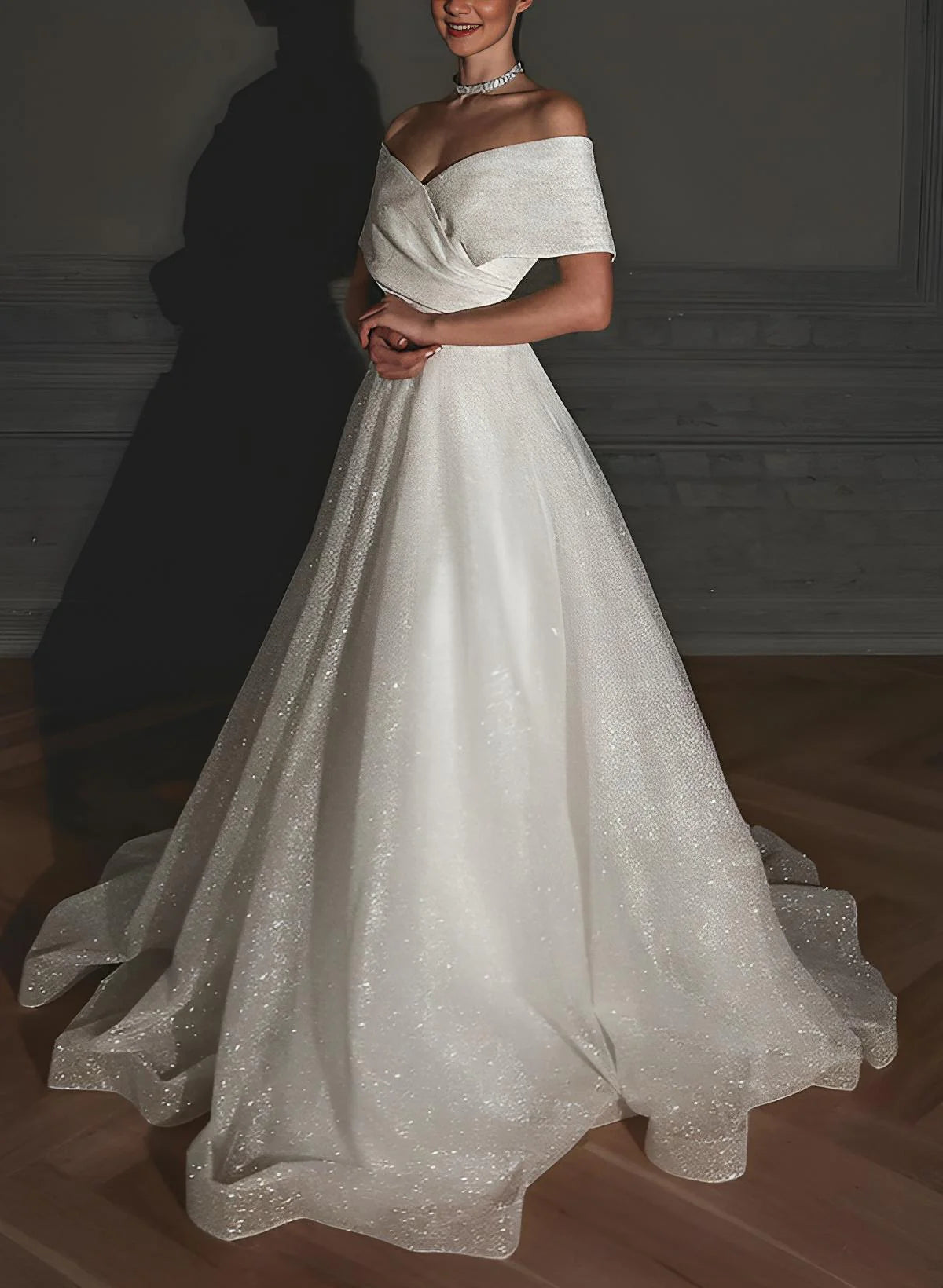 Luolandi Off-The-Shoulder Sleeveless A-Line Wedding Dress With Sweep Train And Sequin Detail Sparkly