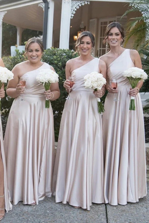 Luolandi One Shoulder A-line Satin Long Bridesmaid Dress with Slit Elegant Evening Party Dress