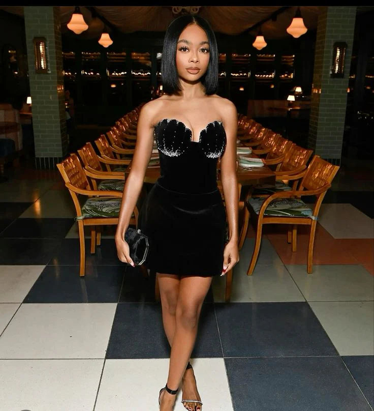 Luolandi Black Sweetheart Velvet Short Party Dress Cocktail Dress Off Shoulder Homecoming Dress