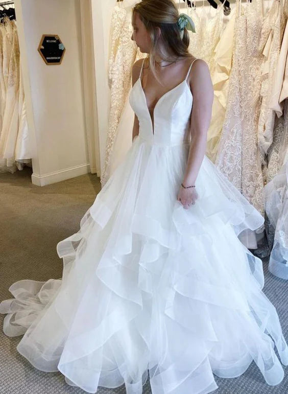 Luolandi Ball-Gown Wedding Dress With Cascading Ruffles V-neck Sleeveless Floor Length Sexy