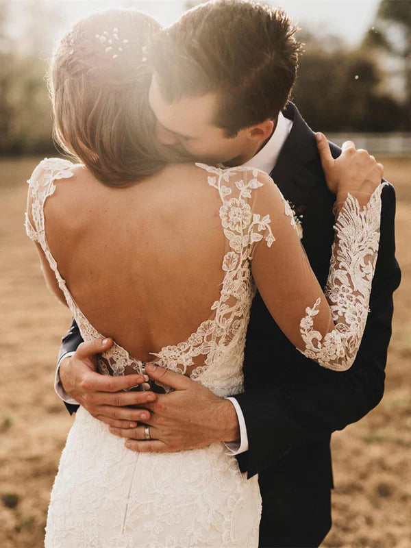 Luolandi Elegant Mermaid Wedding Dresses Long Sleeves Lace Bridal Gowns Open Back Beautiful