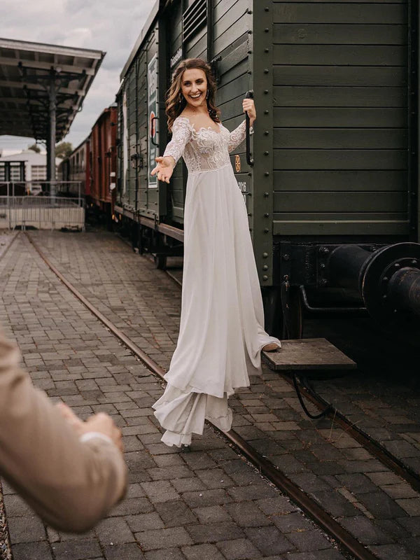 Luolandi Elegant A-line Lace Wedding Dresses with Long Sleeves Beautiful Bridal Gown