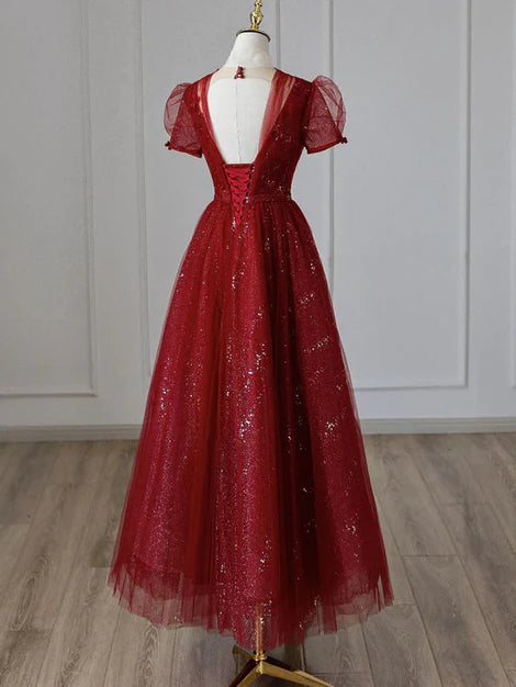 Luolandi Wine Red Tulle Cap Sleeves Bridesmaid Dress Long Prom Dress Elegant Evening Dress