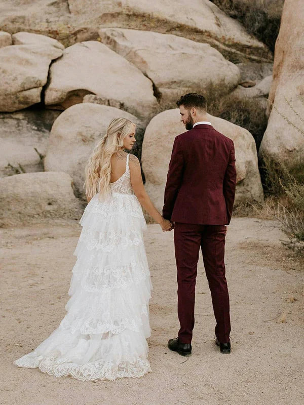 Luolandi Tiered Lace Spaghetti Straps Backless A-line Wedding Dresses Charming Bridal Gown