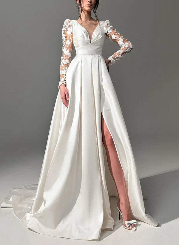 Luolandi A-Line V-Neck Long Sleeves Lace/Satin Wedding Dresses With Split Front Elegant Bridal Gown