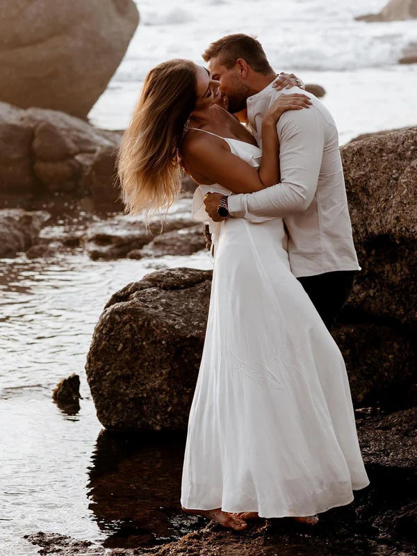 Luolandi Beautiful Simple Spaghetti Straps Long Backless Chiffon Wedding Dresses Solid Color Formal Dress Party Dress