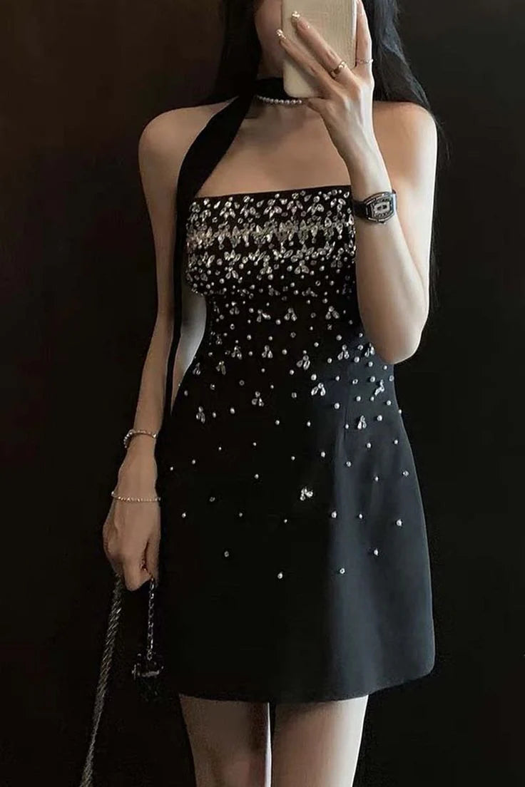 Luolandi Charming Black Strapless A-Line Beading Short Homecoming Dress Off Shoulder Sparkly Party Dress