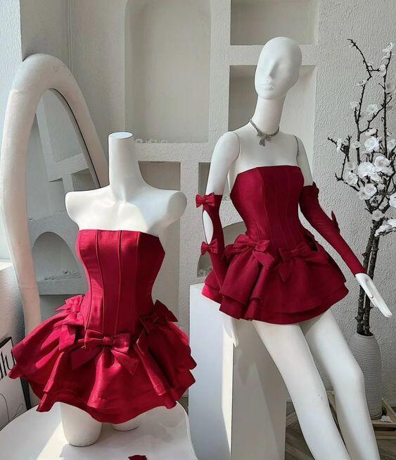 Luolandi Cute Strapless A-Line Ruffles Bowknot Homecoming Dress Lovely Birthday Outfits Short Party Dress No With Sleeves