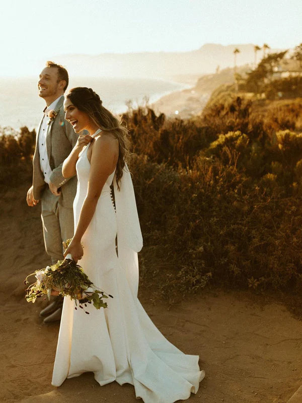 Luolandi Unique Halter Neckline Backless Satin Wedding Dresses Sleeveless Mermaid Simple Bridal Gowns