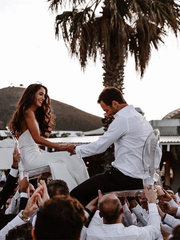 Luolandi Elegant Sheath Spaghetti Straps V-neck Long Wedding Dresses Simple Bridal Gowns