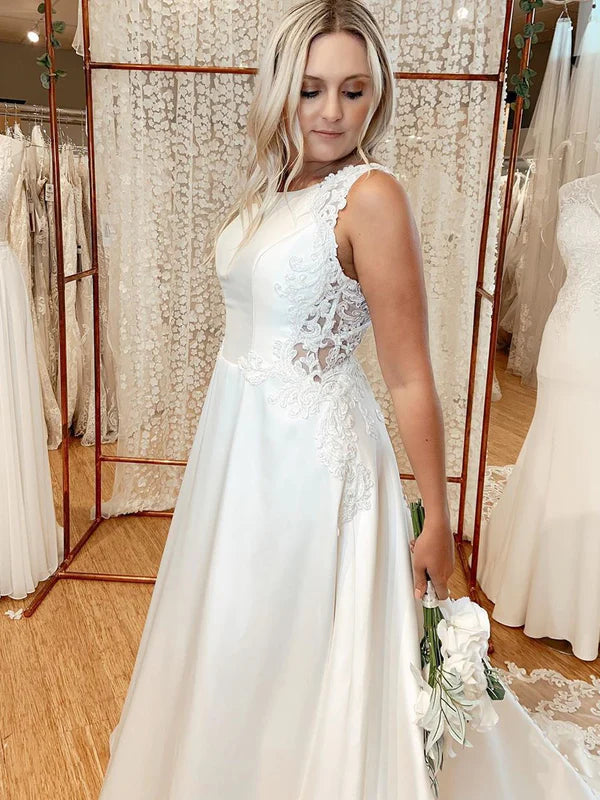 Luolandi Delicate A-Line Satin Lace Jewel Backless Sleeveless Wedding Dresses Elegant
