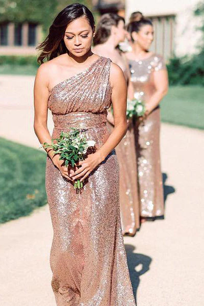 Luolandi One Shoulder Rose Gold Sequins Sheath Long Bridesmaid Dress Sparkly Evening Party Dress