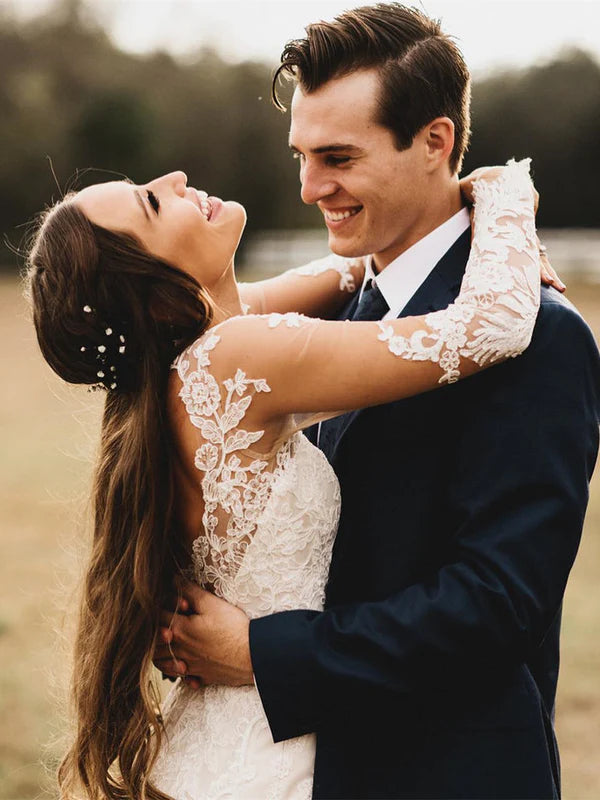 Luolandi Elegant Mermaid Wedding Dresses Long Sleeves Lace Bridal Gowns Open Back Beautiful