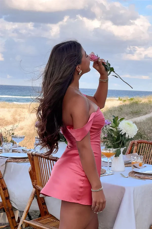 Luolandi Charming Off The Shoulder Satin Tight Short Prom Dress Senior Homecoming Dress Party Dress