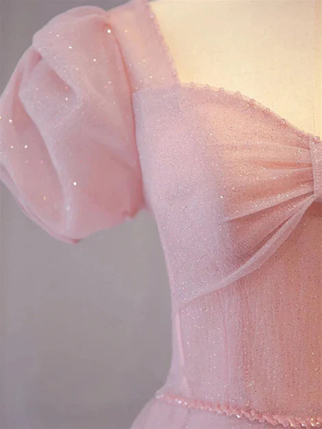 Luolandi Pink Sweetheart Short Sleeves Long A-line Prom Dress Evening Gowns Elegant