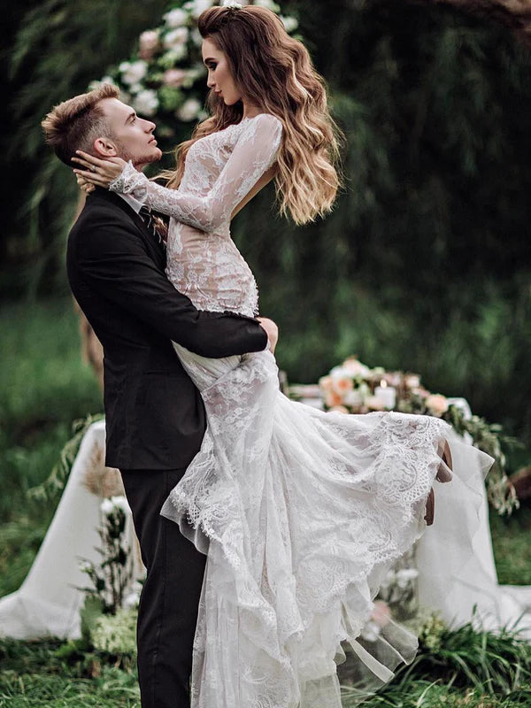 Luolandi Lace Wedding Dresses Mermaid Backless Bridal Gowns Long Sleeves Floor Length Elegant