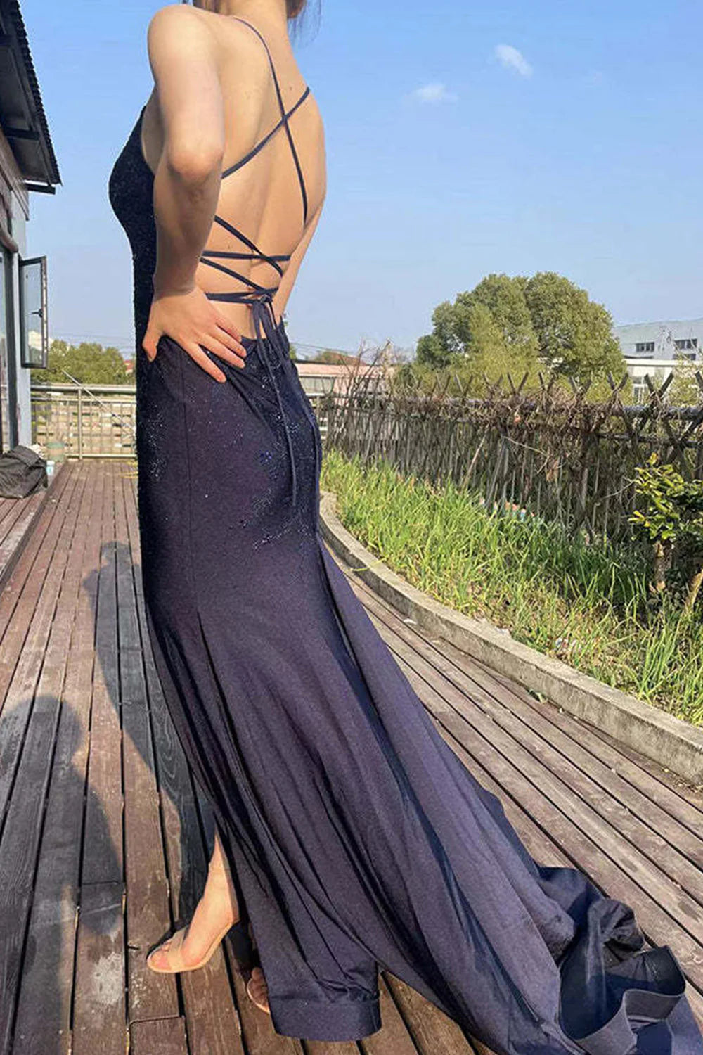 Luolandi Navy Spaghetti Straps Backless Beaded Mermaid Prom Dress With Split Elegant Evening Dress