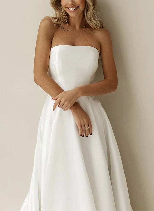 Luolandi Elegant Satin Wedding Dresses With A-Line Silhouette Strapless Design Sleeveless Style And Sweep Train Off Shoulder Simple