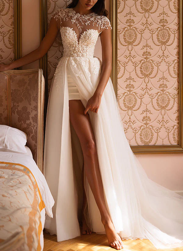Luolandi Illusion Neck Short Sleeves Tulle Wedding Dress With High Split Floor Length Elegant