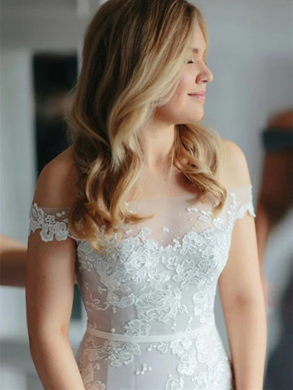 Luolandi Marvelous Tulle Mermaid Wedding Dresses With Appliques Off Shoulder Floor Length